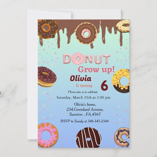 Donut grow up, donut girl birthday party theme  invitation (Front)