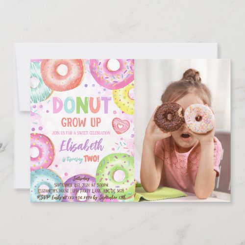Donut Grow Up Doughnut Birthday Photo Invitation