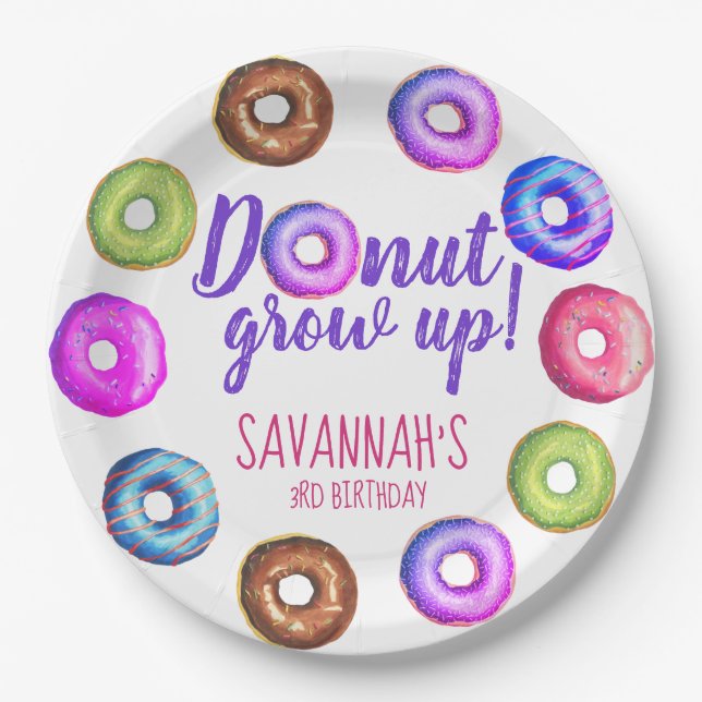 Donut Grow Up Doughnut Personalized Birthday Party Paper Plates (Front)