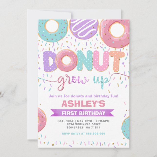 Donut Grow Up First 1st Birthday Invitation (Front)