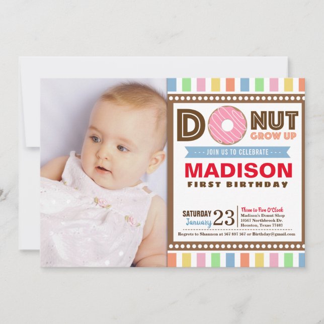 Donut grow Up First Birthday Party Photo Invitation (Front)