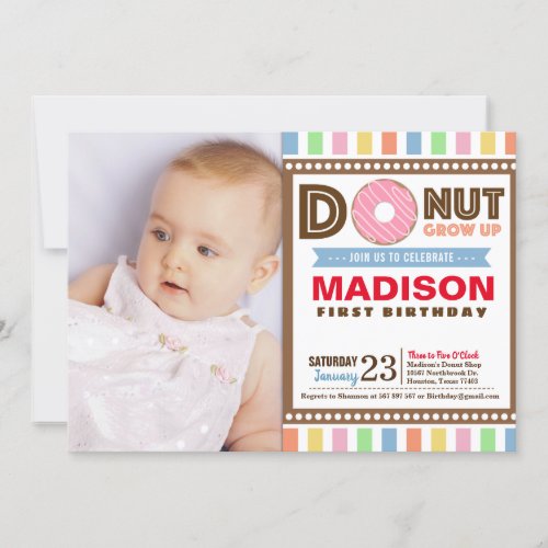 Donut grow Up First Birthday Party Photo Invitation