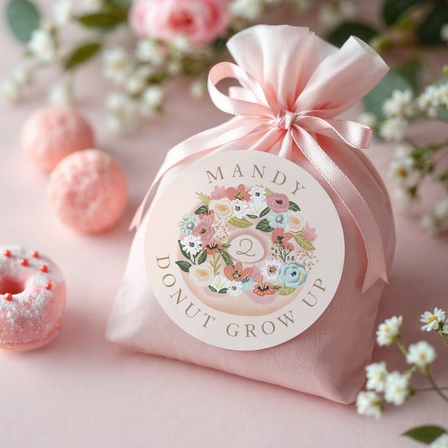 Donut Grow Up Floral Blossom Donut Birthday Classic Round Sticker (Donut Grow Up Floral Blossom Donut Birthday Classic Round Sticker)