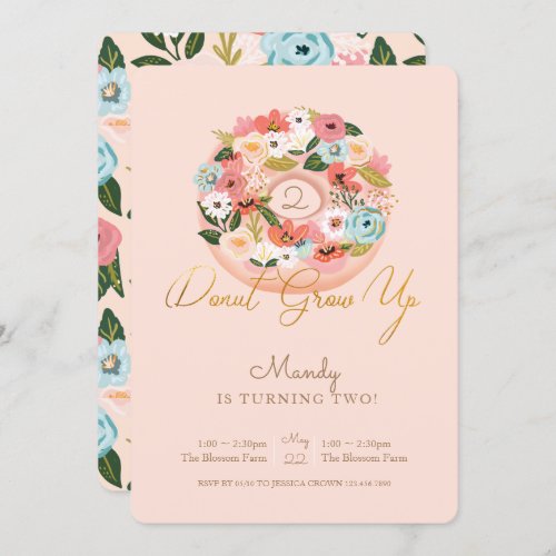 Donut Grow Up Floral Blossoming Donut Birthday Invitation