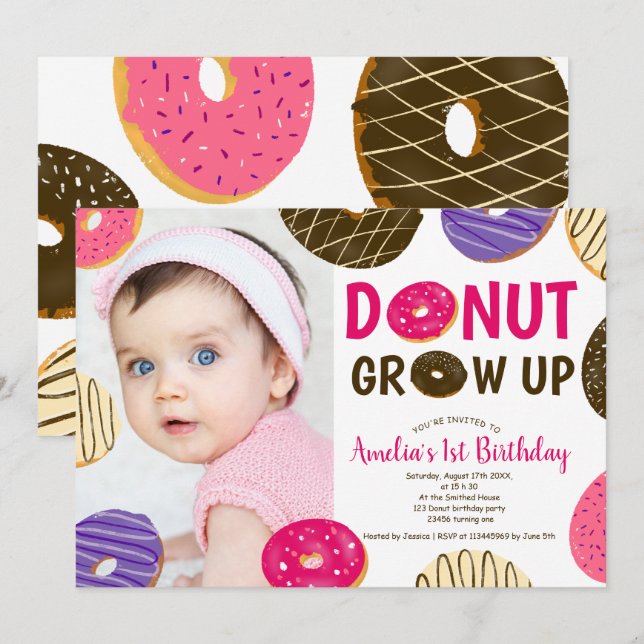 Donut grow up fun cute photo 1st birthday invitation (Front/Back)
