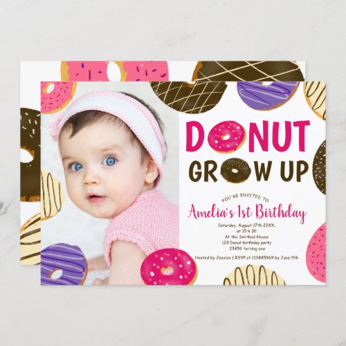 Donut grow up fun cute photo 1st birthday invitation