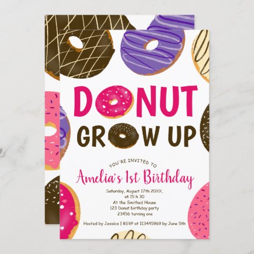 Donut grow up fun cute watercolor 1st birthday invitation
