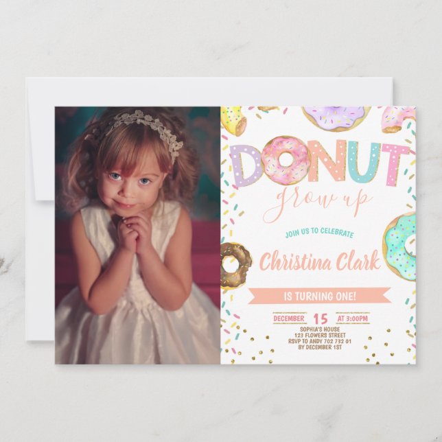 Donut Grow Up Girl 1st Birthday with Photo Invitation (Front)