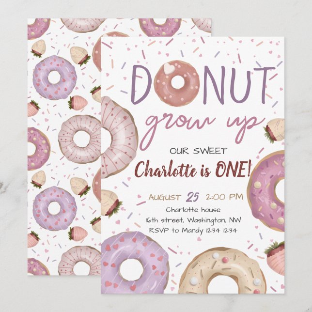 Donut Grow Up Girl Birthday Invitation (Front/Back)