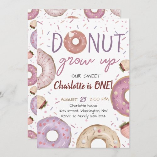 Donut Grow Up Girl Birthday Invitation