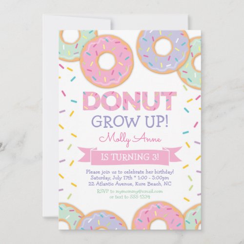 Donut Grow Up Girl Birthday Invitation Pink