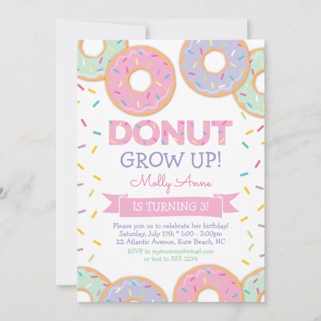 Donut Grow Up Girl Birthday Invitation Pink (Front)