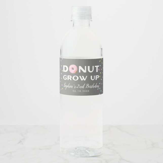 Donut Grow Up Girl Birthday Party Water Bottle Label (Front)
