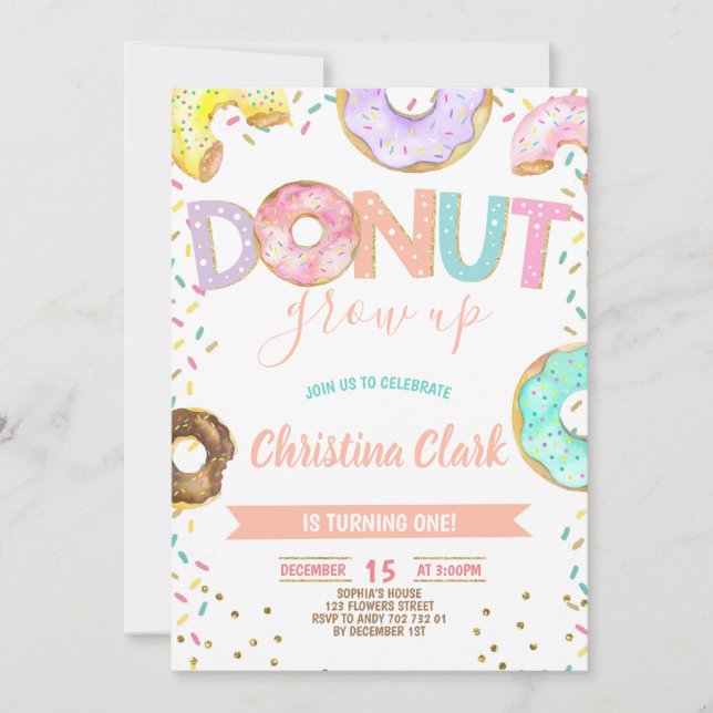 Donut Grow Up Girl Sprinkles Confetti Birthday Invitation (Front)