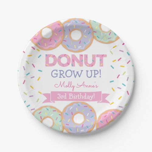 Donut Grow Up Girl Sprinkles Pink Birthday Paper Plates