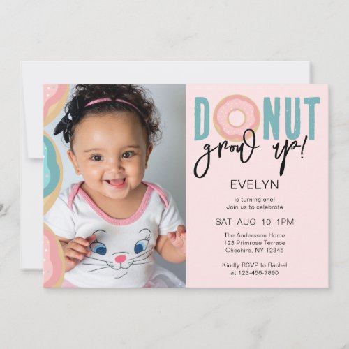 Donut Grow Up Girls First Birthday Party   Invitation
