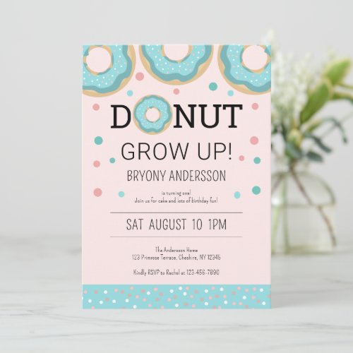 Donut Grow Up Girls First Birthday Party  Invitation