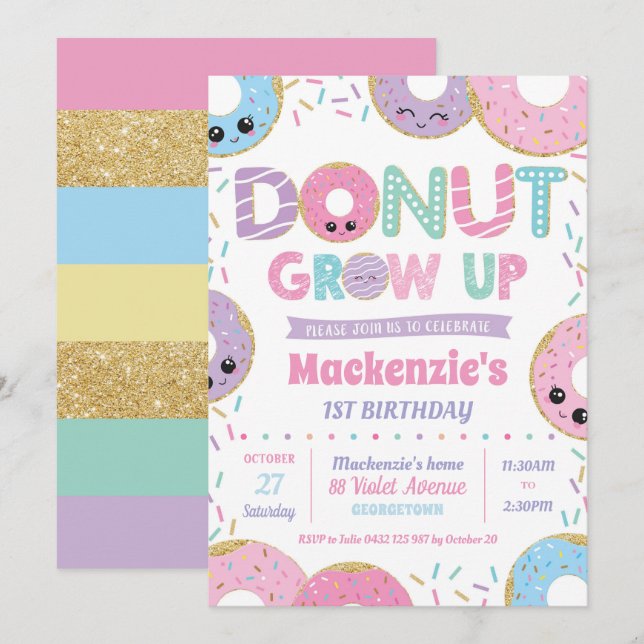 Donut Grow Up Kawaii Birthday Invitations Girl (Front/Back)