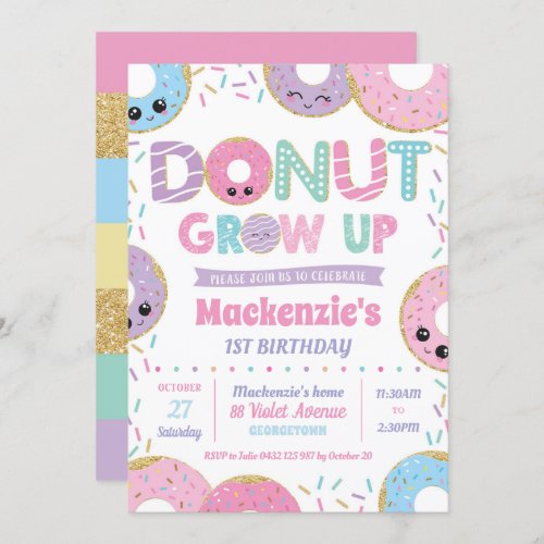 Donut Grow Up Kawaii Birthday Invitations Girl