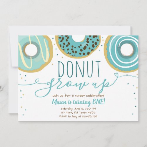 Donut grow up party Blue Boy First Birthday Invitation