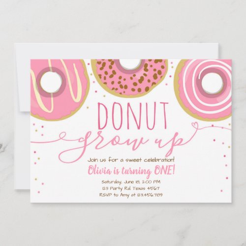 Donut grow up party Girl Pink Birthday Invitation