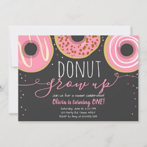 Donut grow up party Girl Pink Doughnut Birthday Invitation