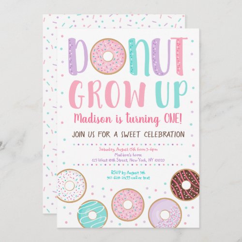 Donut Grow Up Pink Donut Birthday Invitation