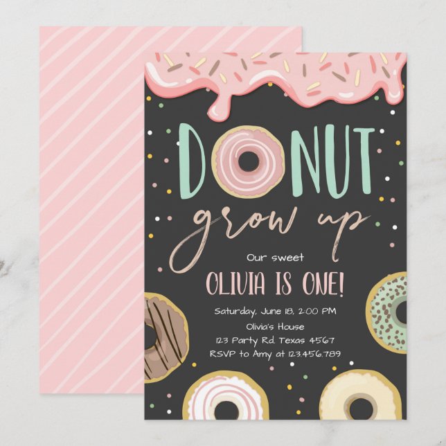 Donut Grow Up Pink Doughnut Girl Birthday Party Invitation (Front/Back)