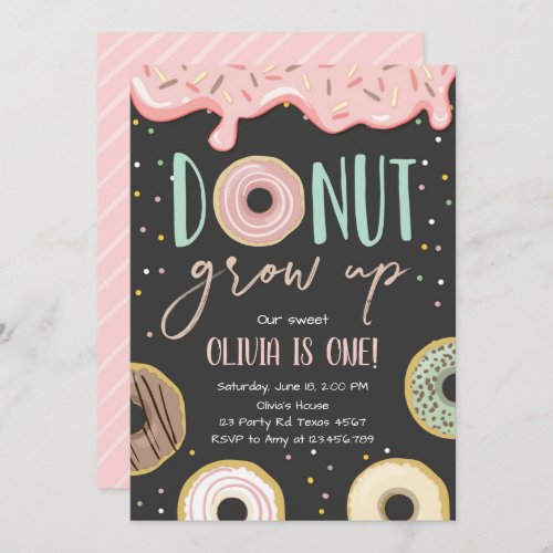 Donut Grow Up Pink Doughnut Girl Birthday Party Invitation