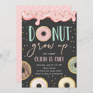 Donut Grow Up Pink Doughnut Girl Birthday Party Invitation