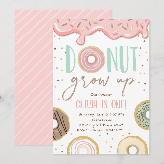 Donut Grow Up Pink Doughnut Girl Birthday Party Invitation (Front/Back)