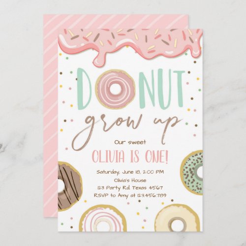 Donut Grow Up Pink Doughnut Girl Birthday Party Invitation