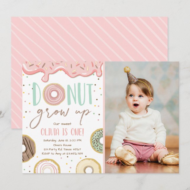 Donut Grow Up Pink Doughnut Girl Birthday Party Invitation (Front/Back)