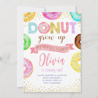 Donut Grow Up Pink Doughnut Girl Birthday Party Invitation
