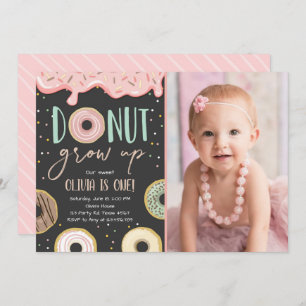 Donut Grow Up Pink Doughnut Girl Birthday Party Invitation