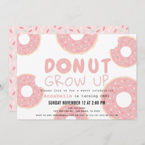 Donut Grow Up Pink Girl 1st Birthday Invitation