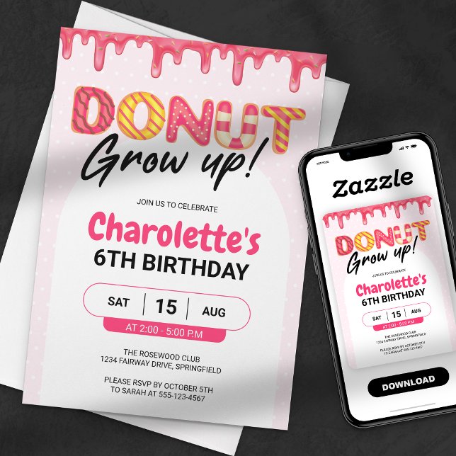 Donut Grow Up! Pink Girl Birthday Invitation (Creator Uploaded)