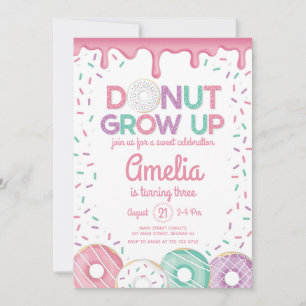 Donut Grow Up Pink Girl Birthday Invitation