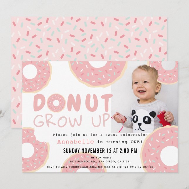 Donut Grow Up Pink Girl Photo 1st Birthday Invitation (Front/Back)