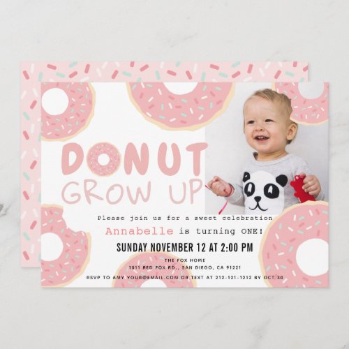 Donut Grow Up Pink Girl Photo 1st Birthday Invitation