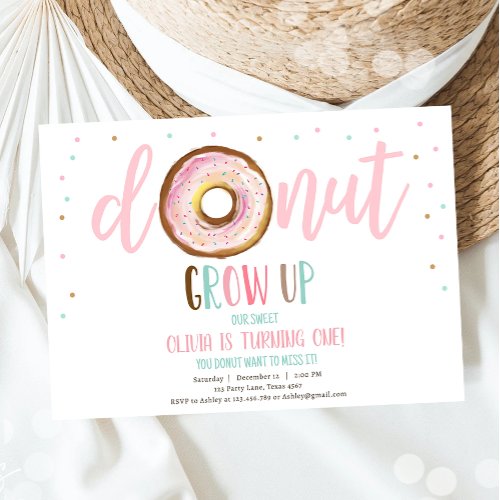 Donut Grow Up Sweet One Girl Birthday Invitation