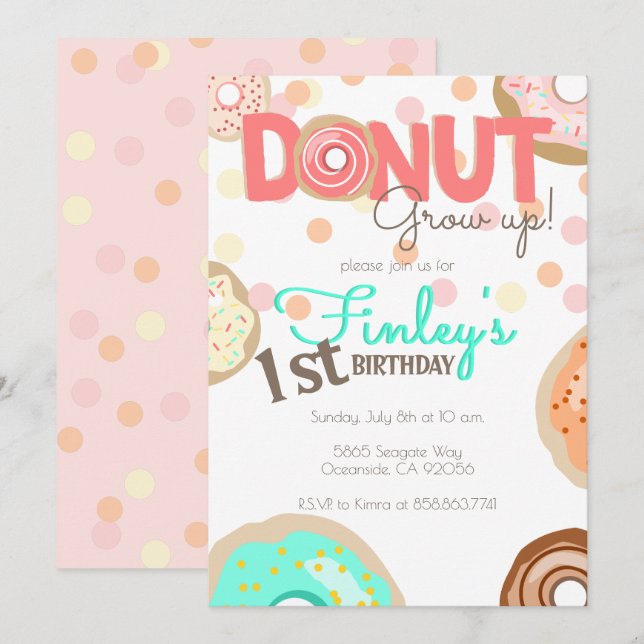 Donut Grow Up Theme Birthday little girl Brunch Invitation (Front/Back)