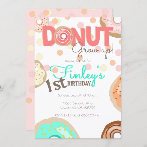 Donut Grow Up Theme Birthday little girl Brunch Invitation