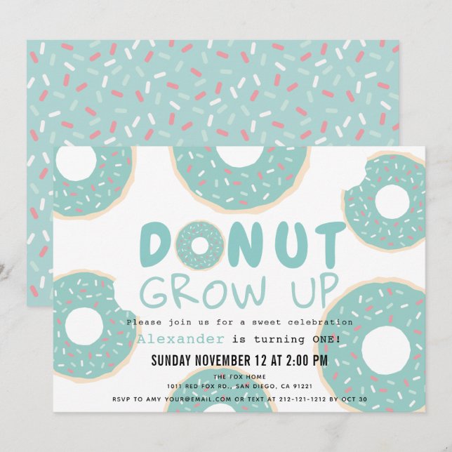 Donut Grow Up Turquoise Blue Boy 1st Birthday Invitation (Front/Back)