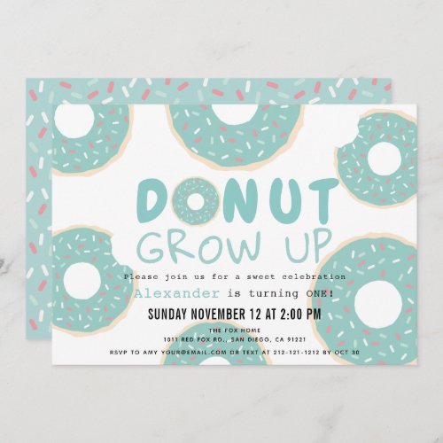 Donut Grow Up Turquoise Blue Boy 1st Birthday Invitation