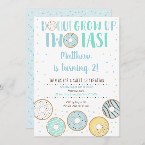 Donut Grow Up Two Fast Blue Donut Birthday Invitation