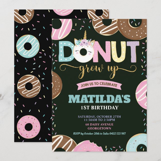 Donut Grow Up Unicorn 1st Birthday Donut Girl Invitation (Front/Back)