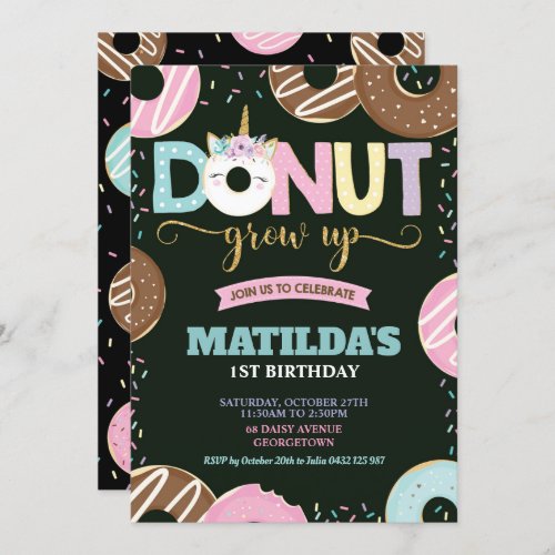 Donut Grow Up Unicorn 1st Birthday Donut Girl Invitation