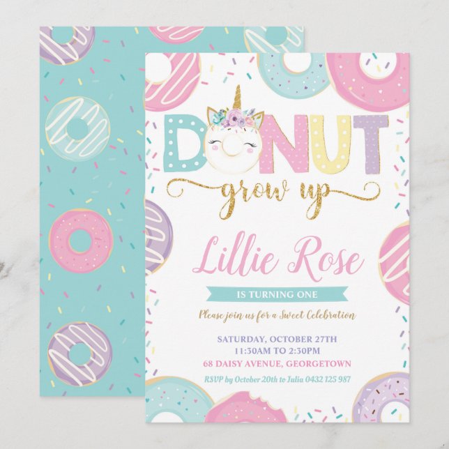 Donut Grow Up Unicorn 1st Birthday Invitation (Front/Back)