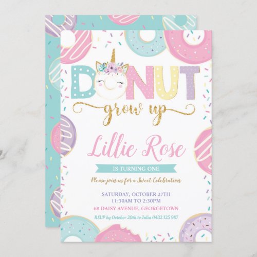 Donut Grow Up Unicorn 1st Birthday Invitation